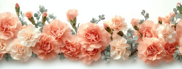 A delicate arrangement of peach and cream carnations, interspersed with eucalyptus leaves, creates a soft and romantic floral border against a white background. : Generative AI