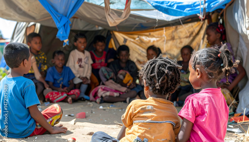 Children gather in makeshift shelter seeking community and connection