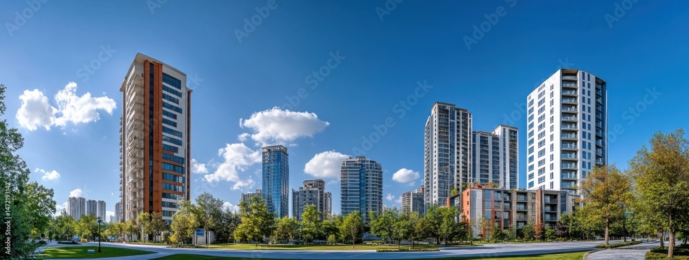 Obraz premium Modern residential high-rise buildings on a sunny day, surrounded by lush green trees and a paved walkway. : Generative AI