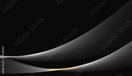 Sleek Black Background with Silver Wavy Lines and a Touch of Golden Glow, Ideal for Modern Tech Design or Abstract Art Projects, Creating a Sophisticated Visual Experience