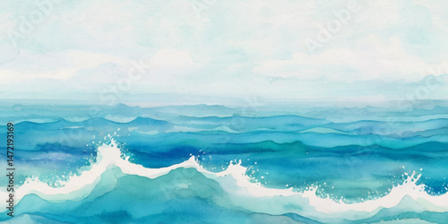 Vector watercolor ocean wave line blue and white background. Ocean sea art with natural template. Seamless soft blue ocean pattern wave water background