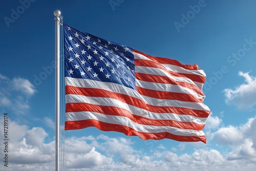 USA flag waving proudly in the wind against a bright blue sky, soft clouds, and the shining sun, captured in crisp detail with a patriotic atmosphere.