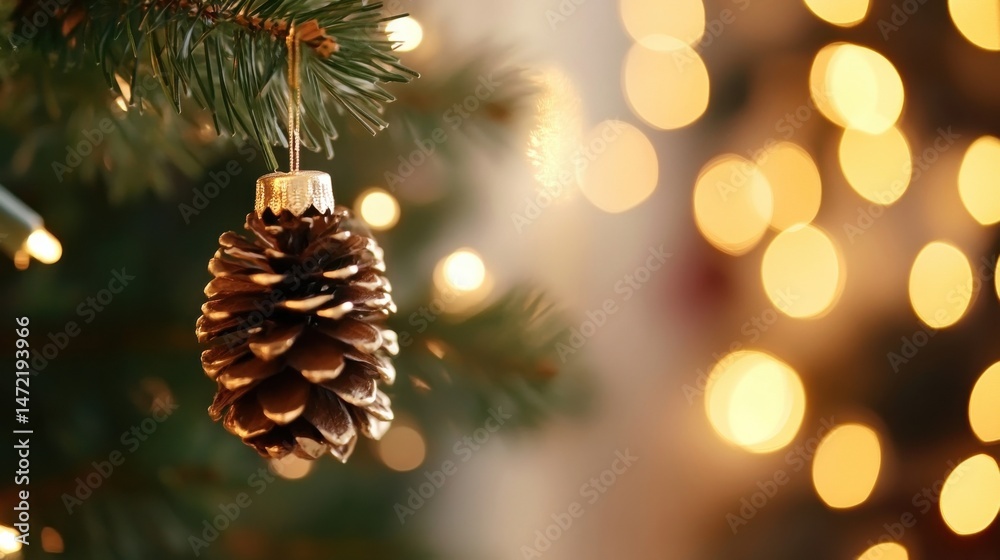 A single, gold-painted pine cone ornament hangs delicately from a Christmas tree branch, softly illuminated by warm, bokeh lights in the background. : Generative AI