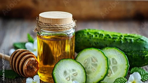 Fresh cucumber with honey for wellness facial treatment and skincare concept