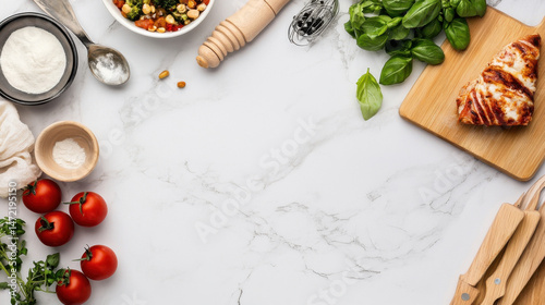 Wallpaper Mural Overhead shot of a marble kitchen countertop with various cooking ingredients and utensils, including grilled chicken breast, fresh basil, tomatoes, and a vegetable salad, creating a v : Generative AI Torontodigital.ca