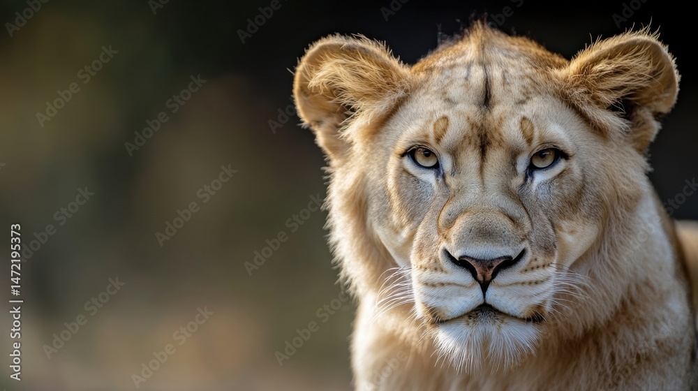 Fototapeta premium A majestic lioness, her amber eyes piercing the camera, stands in a blurred natural background, showcasing her powerful presence and regal beauty. : Generative AI
