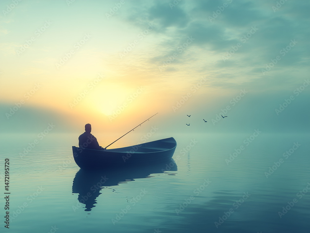 Naklejka premium Serene early morning fishing on a tranquil lake under a breathtaking dawn sky