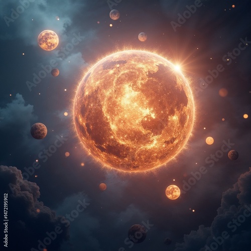 Divine beings surrounding a glowing planet in a celestial galaxy,  made of stardust floating in spiral formations, radiant cosmic light, fantasy universe, hyper-detailed, ethereal atmosphere — Generat photo