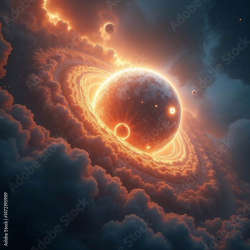 Divine beings surrounding a glowing planet in a celestial galaxy,  made of stardust floating in spiral formations, radiant cosmic light, fantasy universe, hyper-detailed, ethereal atmosphere — Generat photo