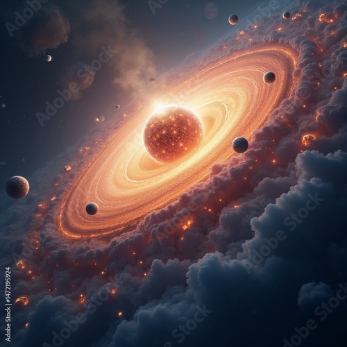 Divine beings surrounding a glowing planet in a celestial galaxy,  made of stardust floating in spiral formations, radiant cosmic light, fantasy universe, hyper-detailed, ethereal atmosphere — Generat photo