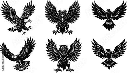 Set of Flying Eagle Silhouettes – Bold Bird of Prey Vector Illustrations