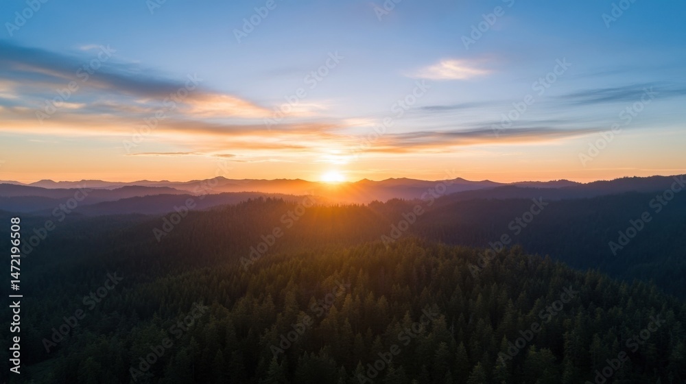 Majestic sunset over a vast coniferous forest, casting a warm golden light across rolling hills and distant mountains. : Generative AI