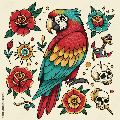 Colorful Parrot Illustration Surrounded by Traditional Tattoo Style Elements