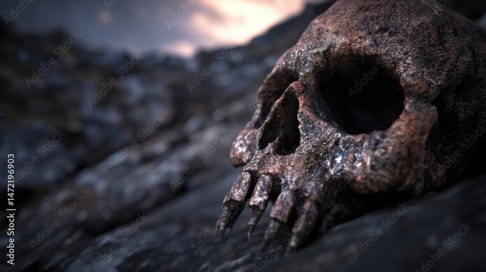 A weathered skull rests on dark rocks, bathed in the soft light of a setting sun, creating a dramatic and eerie scene. : Generative AI A weathered skull rests on dark rocks, bathed in the soft light of a setting sun, creating a dramatic and eerie scene. : Generative AI