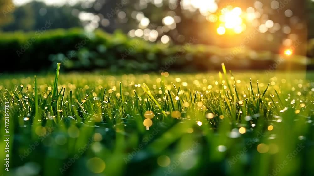 Morning dew glistens on lush green grass at sunrise