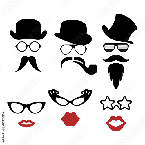 Set of hipster mustache, lips, hat, eyeglass. Icon flat man and woman vector design.