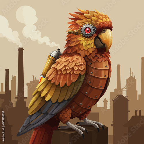 Steampunk Parrot with Mechanical Eye and Cityscape Background Illustration