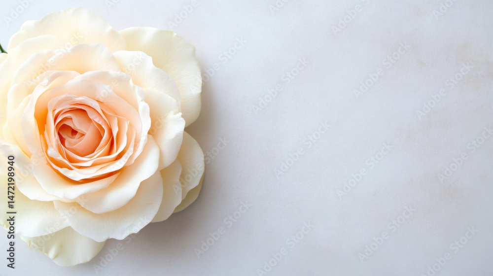 Fototapeta premium A single, delicate peach rose rests on a light gray textured background, offering a serene and elegant visual. : Generative AI
