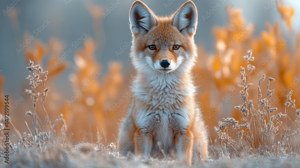 Fototapeta premium Cute baby coyote portrait with light blue background for wildlife education and animal conservation.