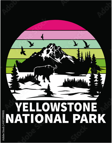 Vintage Retro Yellowstone National Park Natural View - printable editable vector art file.