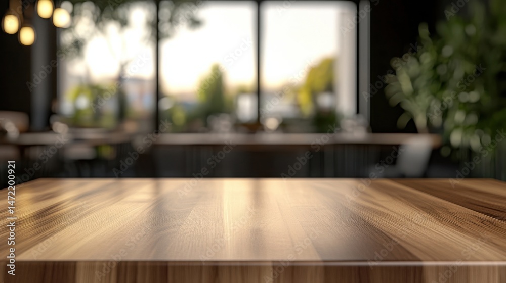 Empty wooden table in a modern cafe with blurred background of greenery and sunlight through large windows. : Generative AI Empty wooden table in a modern cafe with blurred background of greenery and sunlight through large windows. : Generative AI