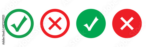Green checkmark tick and red X icons. Set green approval check mark and red cross icons in circle isolated tick symbols.