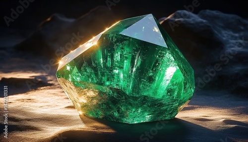 Wallpaper Mural A huge faceted green gemstone emitting bright light from the top with swirling smoke against a dark background. Torontodigital.ca