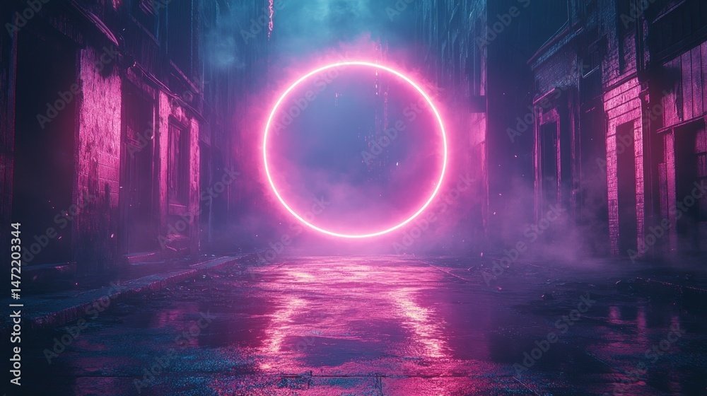 Obraz premium Neon circle glows in a rain-slicked alleyway