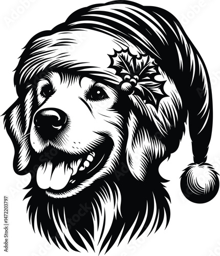 Cute Golden Retriever Dog Wearing Santa Hat – Christmas Vector Illustration