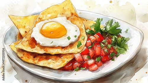 Watercolor illustration of breakfast tortilla chips with egg and salsa.