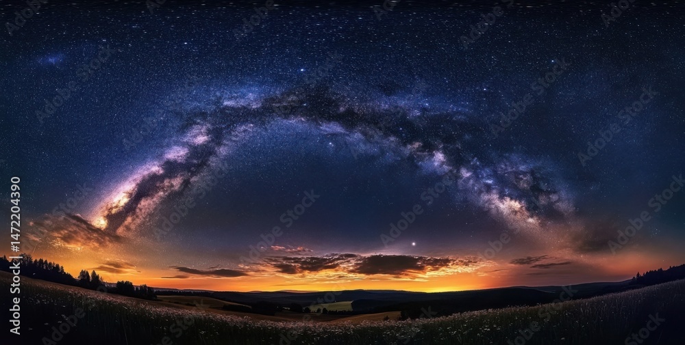 Fototapeta premium Majestic Milky Way arching over a tranquil landscape at sunset, stars glittering in the night sky above a field of wildflowers and distant mountains. : Generative AI