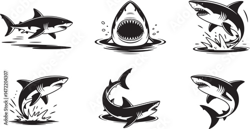Collection of stylized shark illustrations depicting various actions and poses in black and white.