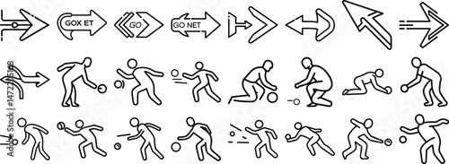 A vector set of illustrations of people playing a game with arrows in a minimalist outline style