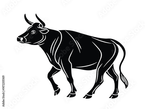 Black silhouette of a bull, drawing of cattle, concept of agriculture