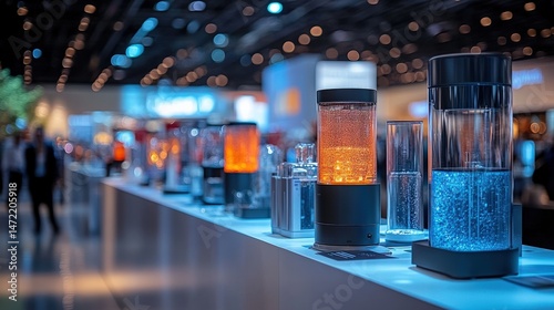 Colorful illuminated water displays at a technology exhibition showcasing innovative designs and features