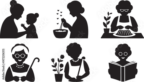 Silhouette illustrations of mother with child cooking grandmother activities and everyday life