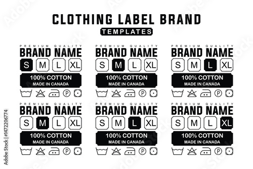 Clothing Label Design Template. Cotton Combed Fabric Care Instructions and Size Chart Tags for Apparel Branding