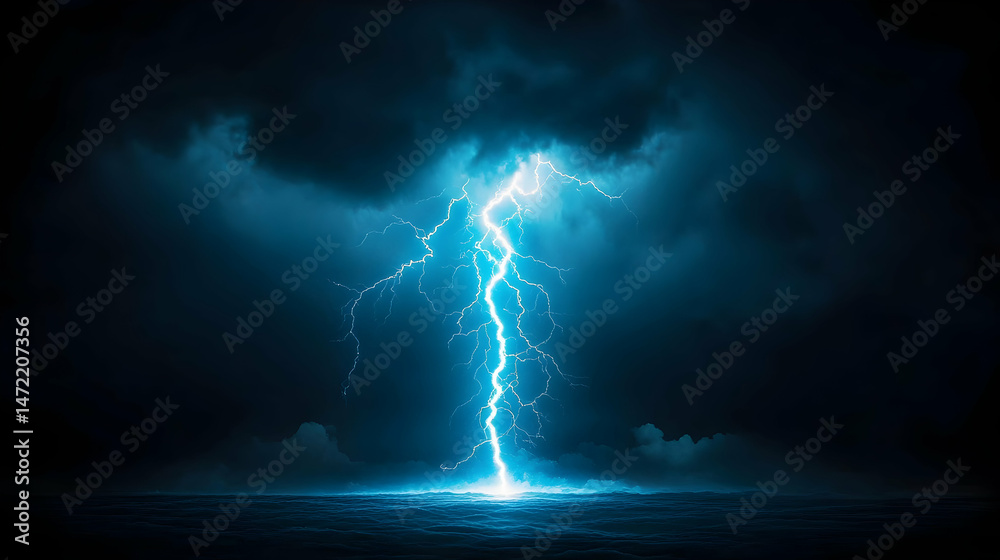 Fototapeta premium A vibrant blue lightning bolt dramatically strikes a dark, stormy sea