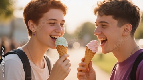 Friends Enjoying Ice Cream Together Outdoors photo