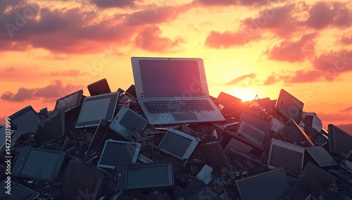 Electronic waste pile at sunset.  A large heap of discarded laptops and tablets, with a single laptop atop, sits against a dramatic sunset