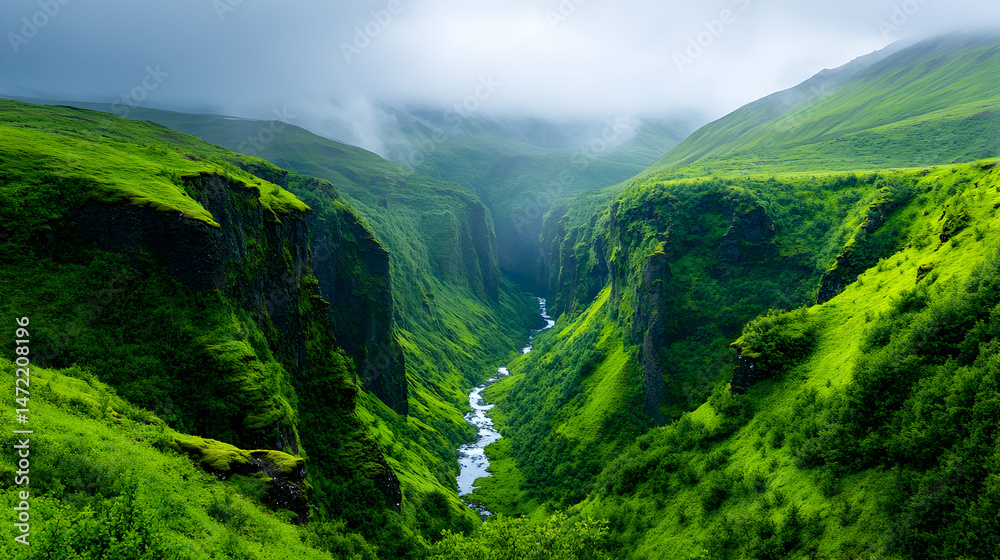 Naklejka premium Lush green valley with a river flowing through, misty mountains