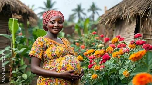 Pregnant woman amidst blossoms idyllic rural backdrop