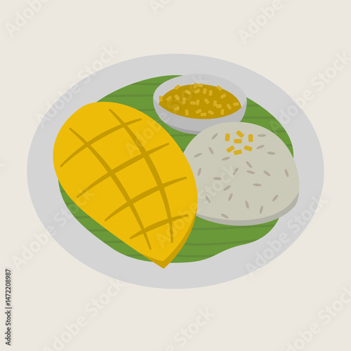 Mango, sticky rice, coconut milk, and mung beans are beautifully arranged on white plate with banana leaf, creating traditional Thai dessert with sweet and inviting appearance
