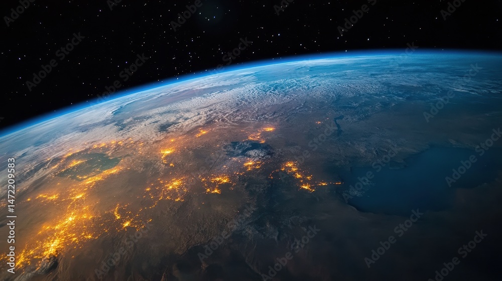 Fototapeta premium Stunning Night View of Earth from Space Showing City Lights and Starry Sky