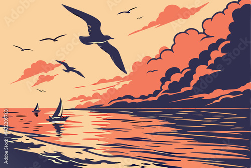 34 Silhouettes of flying birds, golden sunset over calm ocean, reflective water surface, dramatic sky with pink clouds, flock of seagulls in motion, peaceful seascape, vibrant orange and blue color pa