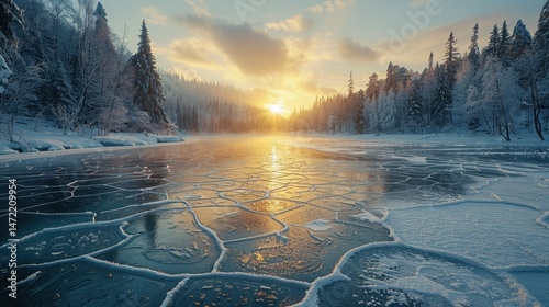 Stunning Winter Sunset Over a Frozen Lake in a Snow Covered Forest