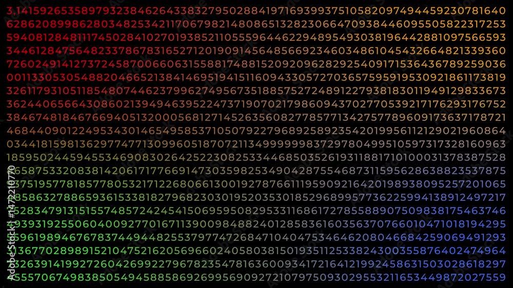 Abstract animated visualization of the Pi, π, digits being decoded from number wiggling, shifting revealing the infinite sequence of Pi digits, transparent background with alpha channel, color version