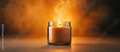 A burning candle in a glass jar emits light and smoke, casting warm glows on the wooden surface below.