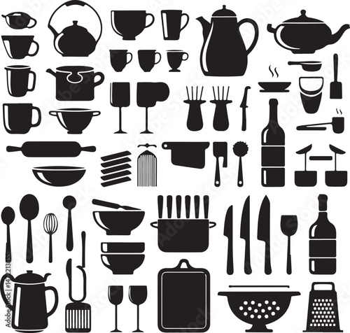 Essential Kitchenware Utensils Silhouette Set

Cooking Tools and Gadgets Vector Design

Minimalist Kitchen Items Silhouette Art

Chef’s Favorite Kitchenware Vector Scene

Pots, Pans & Cutlery Silhouet