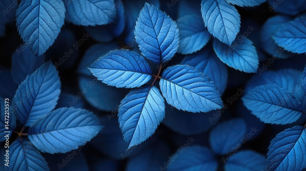 Fototapeta premium Close-up of textured rose leaves in deep blue hue with natural patterns. Great background for graphic design, nature themes, or organic products.